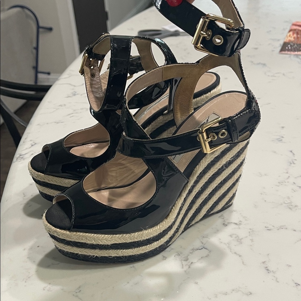 Brian Atwood Black Patent Wedge Sandals